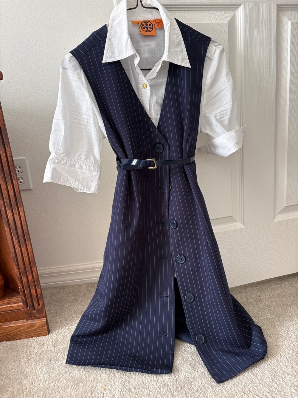 Steve Madden Navy Pinstripe Sleeveless Vest Dress with Belt